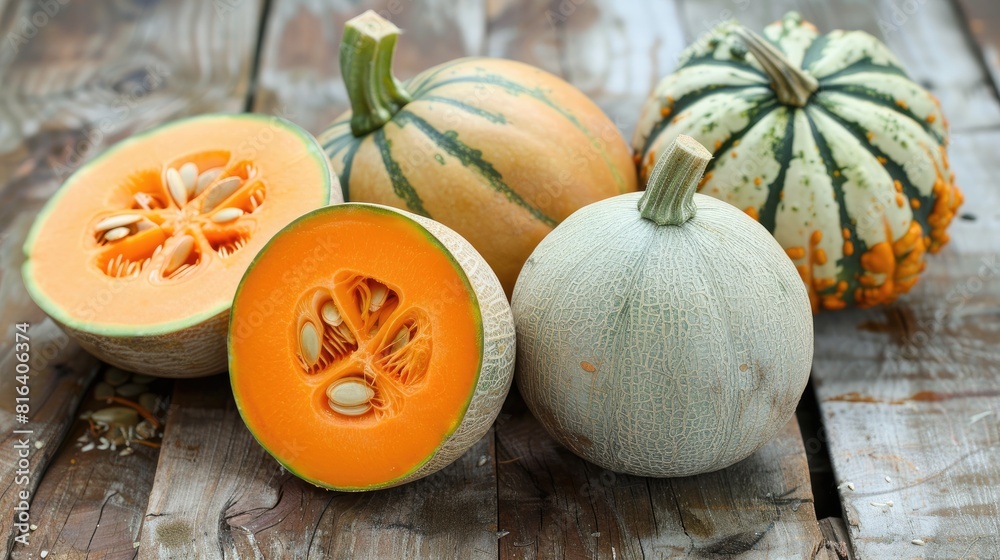 Pumpkin and melon displayed on a wooden surface Pumpkin and melon displayed on a wooden surface