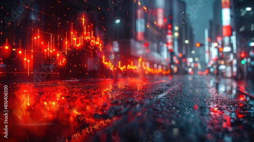 A rainy night in the city. The red lights of the city are reflected on the wet pavement. The city is bustling with activity  even in the rain. Taxis and buses drive by.