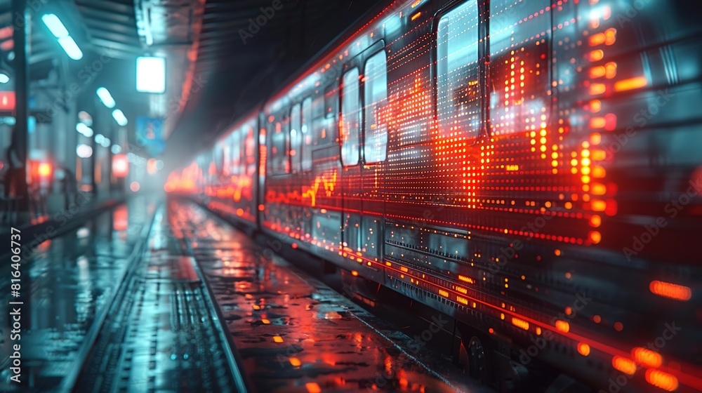 A digital train speeds through a virtual station