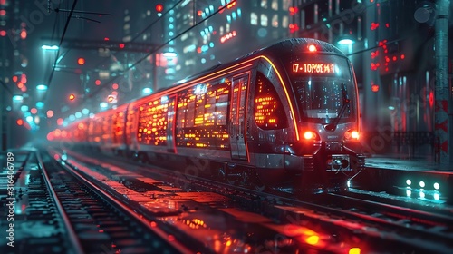 A sleek and futuristic train speeds through a vibrant city at night. The train is covered in glowing lights and the city is full of skyscrapers and bright lights.