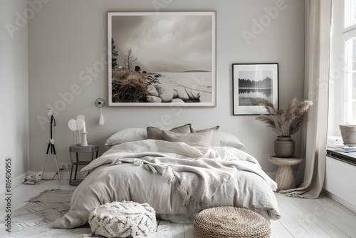 Scandinavian interior design of modern bedroom with big art poster frame.