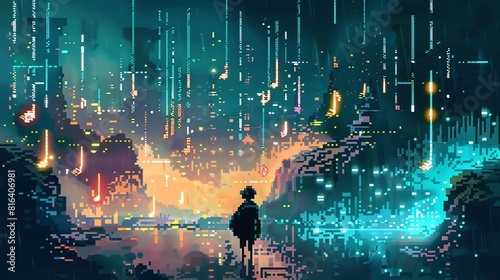 The image is a pixelated cityscape at night. The city is full of bright lights and tall buildings. It is raining and the rain is pixelated.