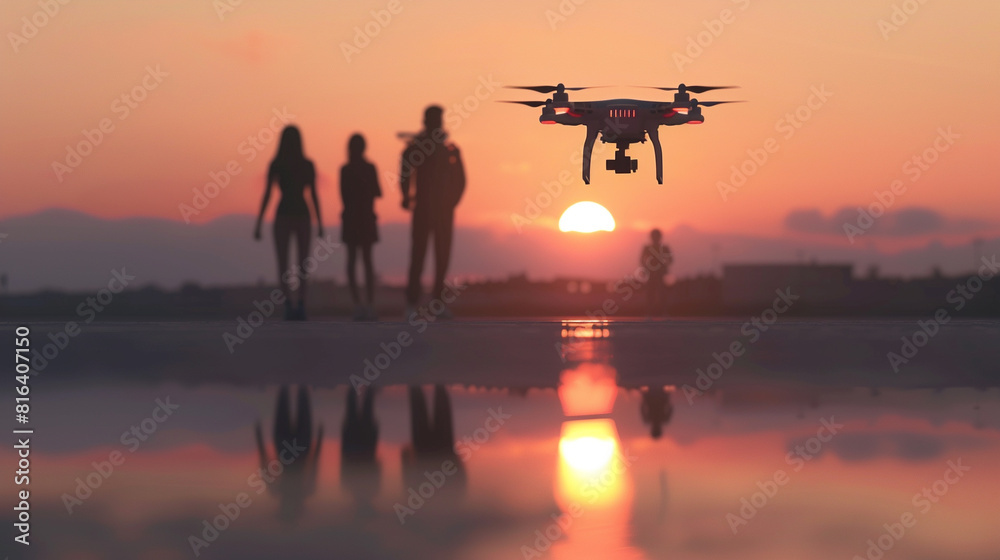 Family watching the sunset with a flying drone above them. Family watching the sunset with a flying drone above them.