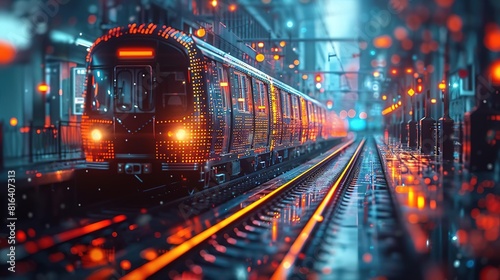A digital painting of a train arriving at a station. The train is made of thousands of tiny lights, and the station is surrounded by a city. photo