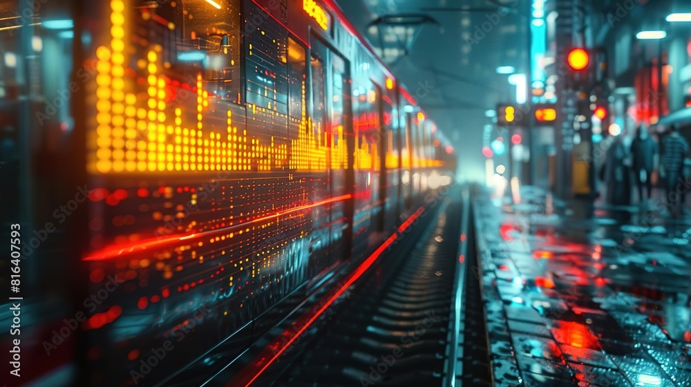 A digital painting of a futuristic train speeding through a rainy city at night. The train is covered in glowing lights and the city is full of people and skyscrapers.