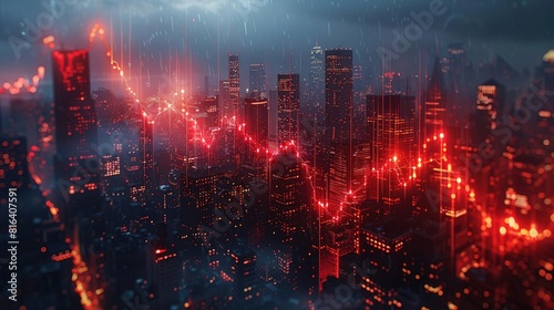 A city in ruins  with red glowing lines representing the stock market crash.