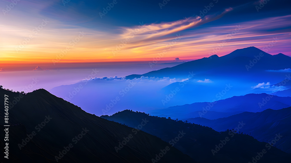 Mountain Silhouettes at Sunset Sky at Prau Mountain Indonesia : Generative AI Mountain Silhouettes at Sunset Sky at Prau Mountain Indonesia : Generative AI
