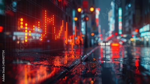 A digital display of stock market data reflects on the wet pavement of a city street at night
