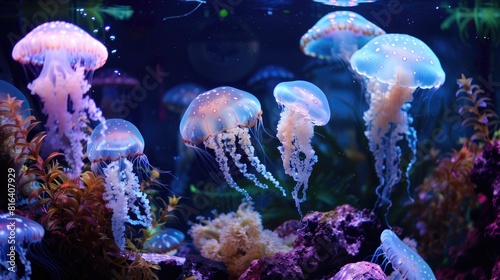 Jellyfish illuminated by soft lighting in a fish tank