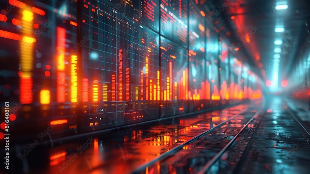 A futuristic sci-fi scene. A long dark hallway with glowing red and orange lights. The lights are reflected on the wet floor. A futuristic sci-fi scene. A long dark hallway with glowing red and orange lights. The lights are reflected on the wet floor.