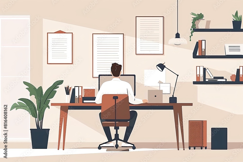 A consultant is strategizing plans at a desk in a clean and organized home office area. Simple and minimalist flat Vector Illustration A consultant is strategizing plans at a desk in a clean and organized home office area. Simple and minimalist flat Vector Illustration