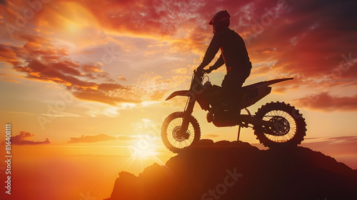 Man with motocross bike against beautiful lights silhouette of a man with motocross motorcycle On top of rock high mountain at beautiful sunset enduro motorcycle travel concept : Generative AI