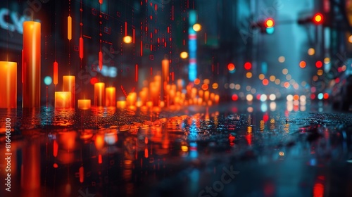 Create a photorealistic  cinematic  neon-noir still of an empty  rain-soaked city street with glowing red candles floating above the wet pavement  flanked by towering skyscrapers