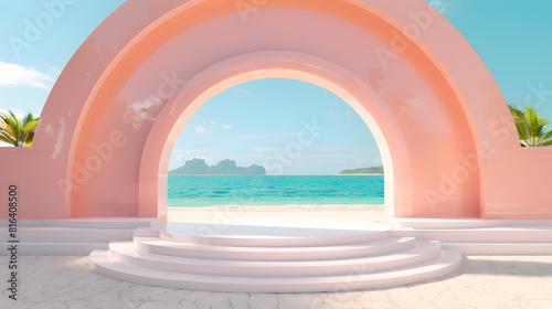 Abstract summer background with podium for product presentation on the beach. Minimal scene with white steps and ocean view through window. Abstract geometric shapes in pastel orange color