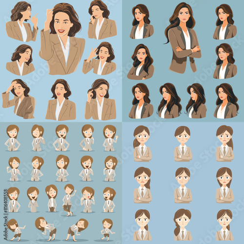 Collection of cartoon and vector businesswomen in various poses and expressions, perfect for avatars, infographics, presentations, office illustrations, and corporate visuals.