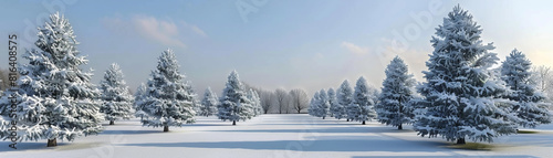 The image shows snow-covered pine trees in a winter forest.