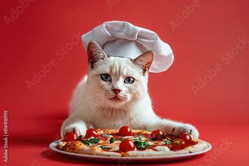Playful Cat Chef with Delicious Pizza on a Vibrant Red Background © kvladimirv