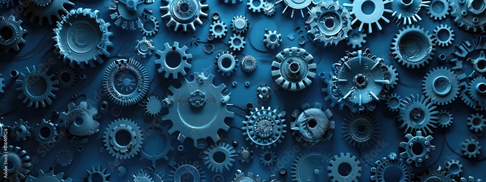 Intricate Network of Blue Mechanical Gears and Cogs in Dark Setting Intricate Network of Blue Mechanical Gears and Cogs in Dark Setting