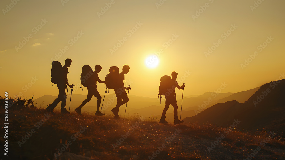 Silhouettes of four young hikers with backpacks are walking in mountains at sunset time : Generative AI Silhouettes of four young hikers with backpacks are walking in mountains at sunset time : Generative AI