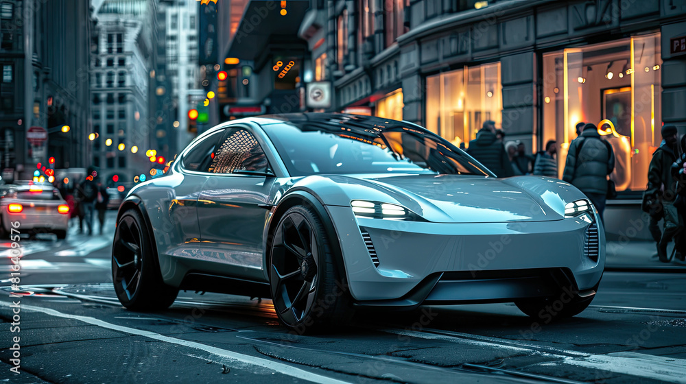 Futuristic Electric Sports Car in Urban Evening Setting
