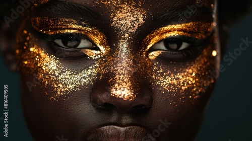 Dramatic Portrait of African Woman with Golden Glitter Makeup