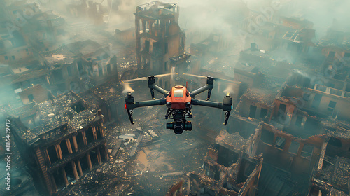 A drone is flying over a ruined cityscape