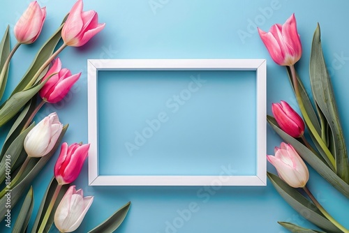 Photo frame mockup with white blank empty space and tulips flowers on pastel background, top view, flat lay, copy spa concept for Happy Mother's Day greeting card or women day celebration. #816409936