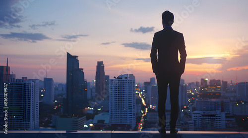 Confident businessman standing on the building rooftop while looking at the silhouette of cityscape at dusk time : Generative AI