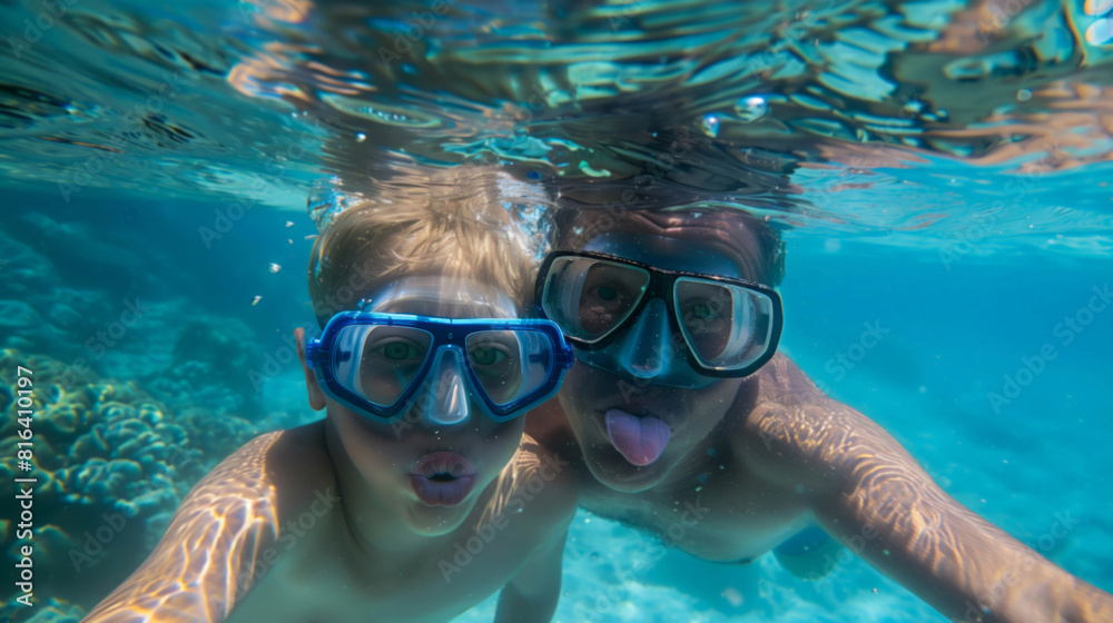 Naklejka premium Underwater Shot of Playful Father and Son with Snorkels
