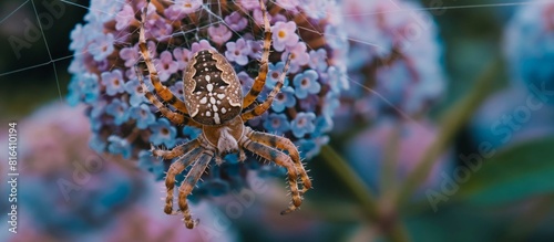 A detailed orb-weaver spider suspended in a web among clusters of pastel flowers
