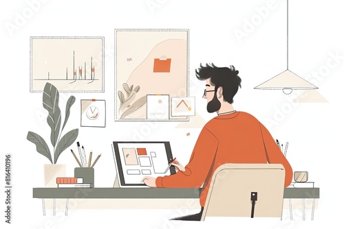 A freelancer is designing on a tablet in a simple and elegant home office environment. Simple and minimalist flat Vector Illustration