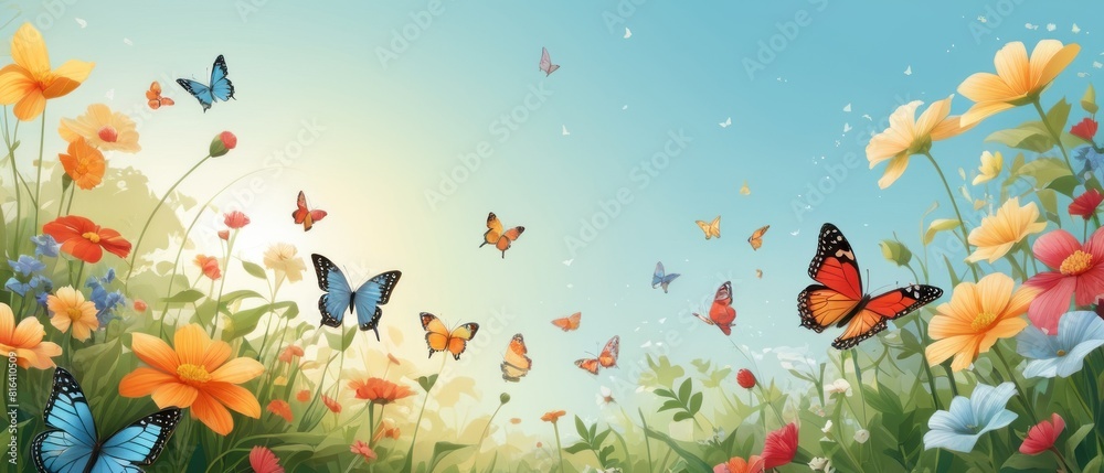 A serene garden with pastel flowers. Butterflies flutter among the blooms in the soft, golden morning light, creating a dreamy atmosphere.
