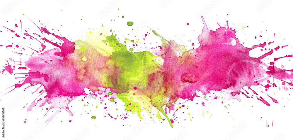 Playful neon pink and lime green splatter on white.