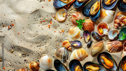 Seafood from shells and mussels on the shore of the sandy sea.