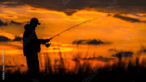 Silhouette of a fisherman casting a rod at sunset Fisherman silhouette at sunset : Generative AI