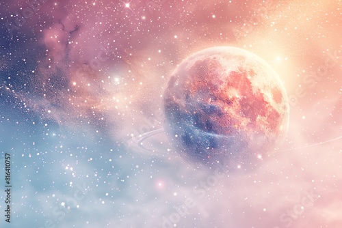 Dreamy space exploration image of pastelcolored planets and stars in a 3Drendered galaxy, focus on, cosmic fantasy theme, ethereal, Composite, outer space photo