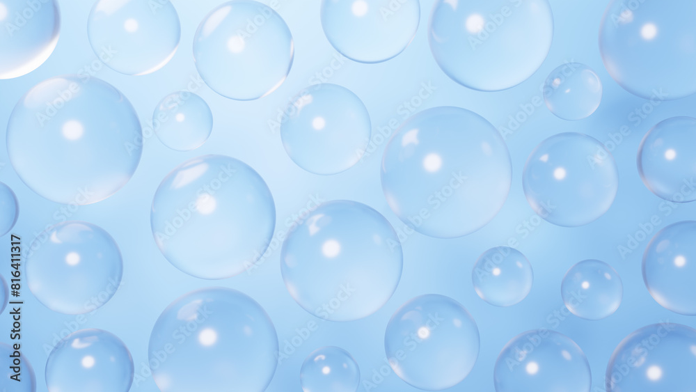 青背景に複数の水玉の背景素材。3D（横長）