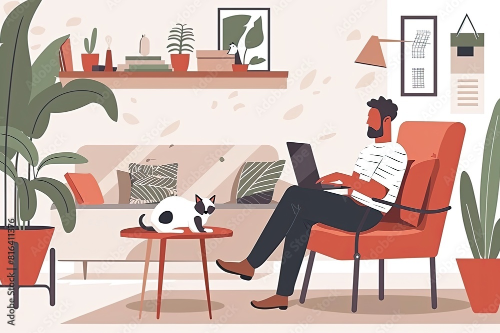 A man is seated in a chair focused on his laptop screen working diligently Freelancer work from home Simple and minimalist flat Vector Illustration A man is seated in a chair focused on his laptop screen working diligently Freelancer work from home Simple and minimalist flat Vector Illustration
