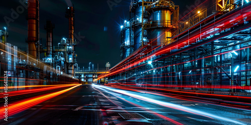 Nighttime industrial complex with illuminated buildings pipelines and refinery operations underway Concept Nighttime Photography Industrial Complex Illuminated Buildings Pipelines