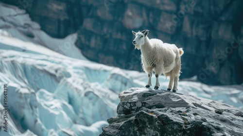 Goat Standing Atop Glacier in Montana s Mountain photo