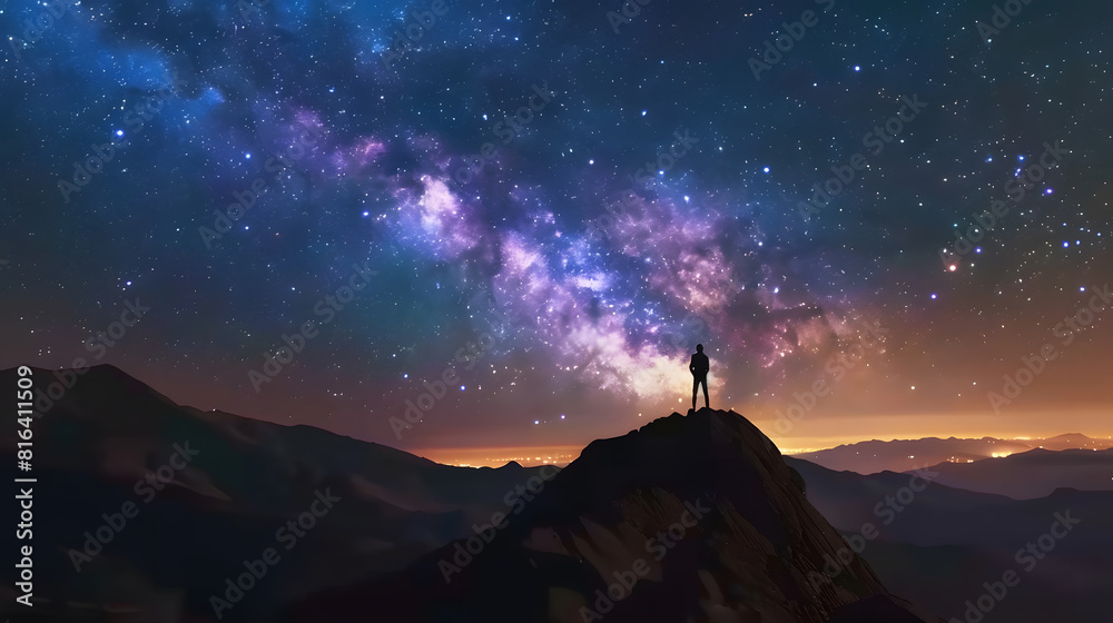 Milky Way arch and man on the mountain peak at starry night Silhouette of alone guy blue sky with bright stars in summer Galaxy Space background Landscape with arched milky way Travel : Generative AI Milky Way arch and man on the mountain peak at starry night Silhouette of alone guy blue sky with bright stars in summer Galaxy Space background Landscape with arched milky way Travel : Generative AI