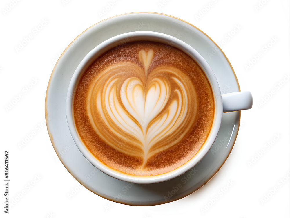 Top view of hot coffee latte art heart isolated on white background