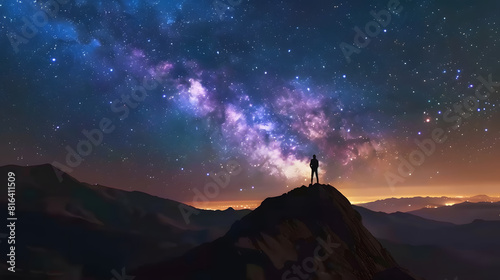 Milky Way arch and man on the mountain peak at starry night Silhouette of alone guy blue sky with bright stars in summer Galaxy Space background Landscape with arched milky way Travel  : Generative AI photo