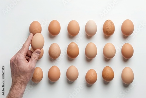 Photo of a hand holding an egg on the left side, surrounded photo