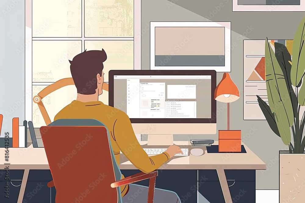 A man sitting in a chair working on a laptop Freelancer work from home Simple and minimalist flat Vector Illustration A man sitting in a chair working on a laptop Freelancer work from home Simple and minimalist flat Vector Illustration