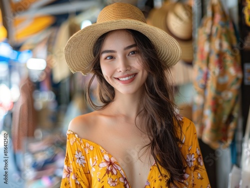 A young woman wearing a yellow dress is shopping