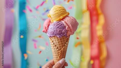 A hand holding a waffle cone overflowing with scoops of colorful ice cream in different flavors, against a light-colored background with rainbow streamers in the corner celebrating Pride Month.