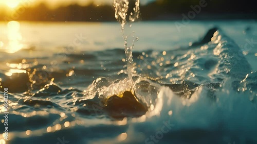 A detailed view of water splashing forcefully on a surface, capturing the dynamic movement and energy of the splashes. photo