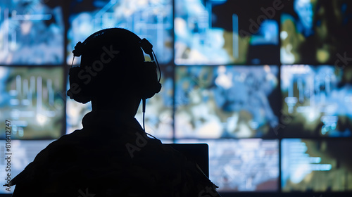 Silhouette of a military man in headphones at a laptop against the background of a video wall of glowing screens contour lighting Concept information gathering surveillance and control : Generative AI photo