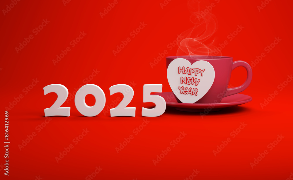 New Year 2025 Creative Design Concept with coffee cup - 3D Rendered Image	
